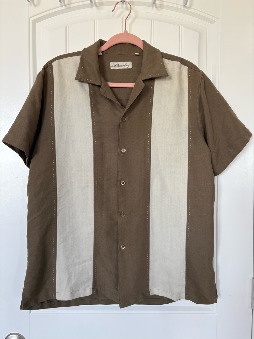 Milano Bay Men's Brown and Cream Striped Button Down Shirt Bowling Style Medium
